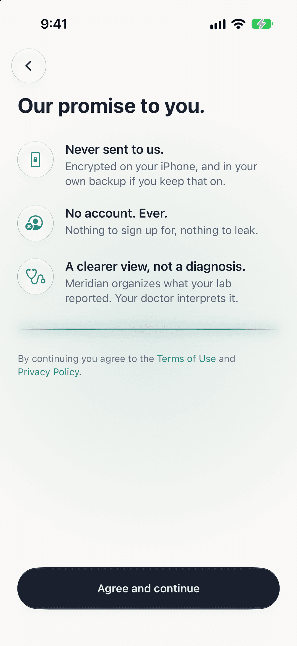 Meridian’s promise screen: never sent to us, no account, and a clearer view, not a diagnosis.